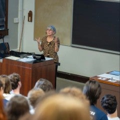Janice Rubin speaking to the senior class of EWS